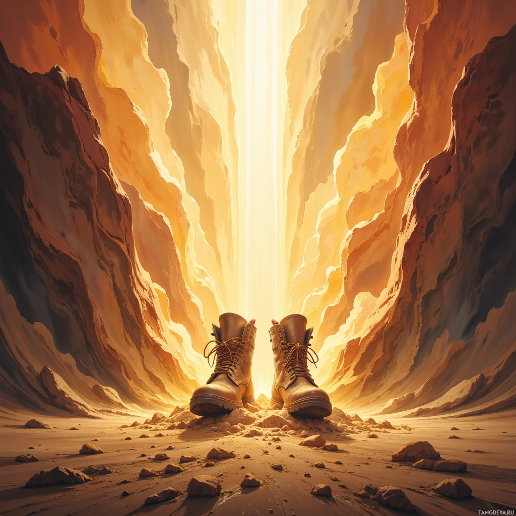 A pair of boots stands at the entrance of a sunlit canyon.
