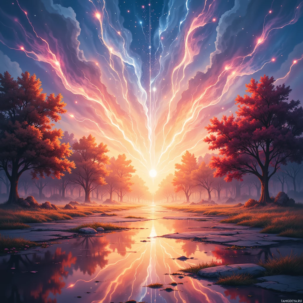 A serene forest scene with vibrant trees, a reflective pond, and a radiant sky with streaks of light.