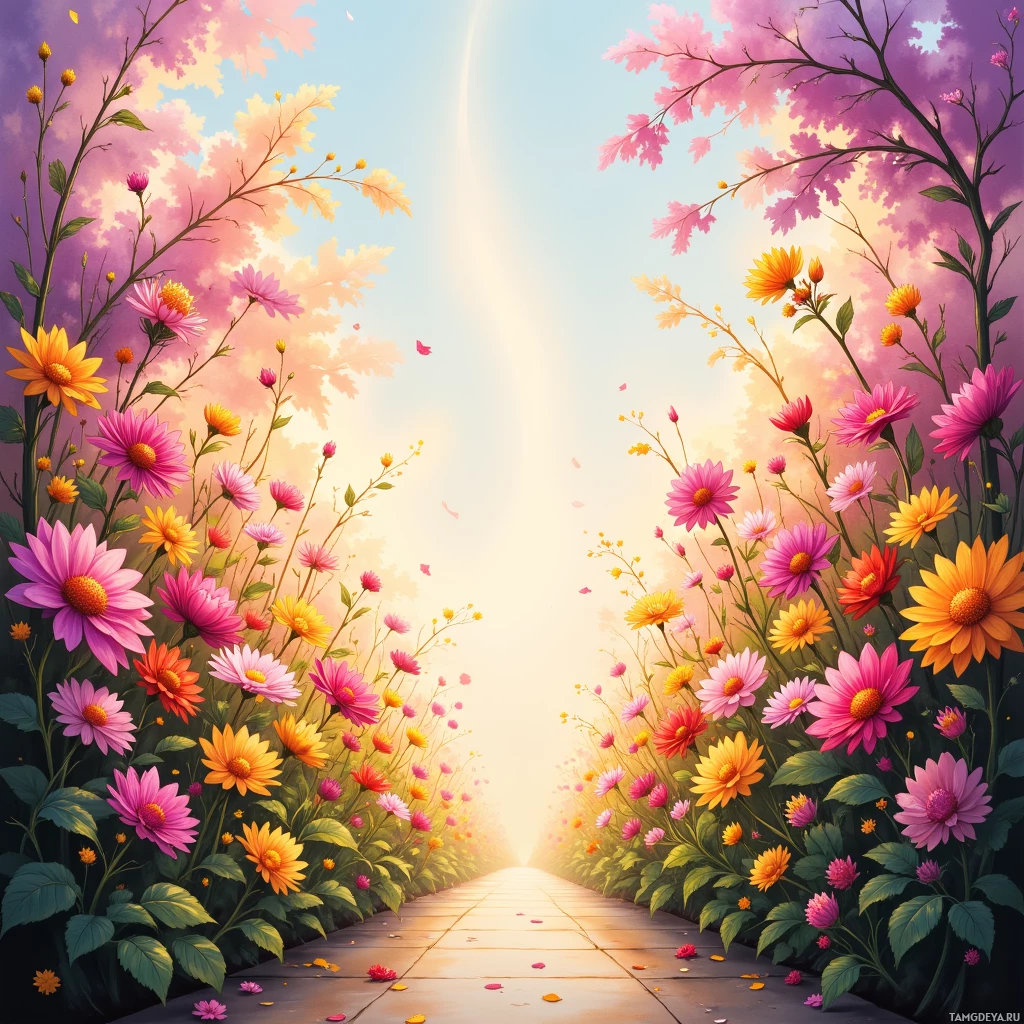 A vibrant garden path lined with colorful flowers and trees leading towards a bright light in the sky.