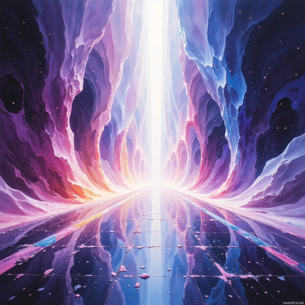 A vibrant, cosmic scene with a glowing light at the center, surrounded by ethereal, colorful rock formations.