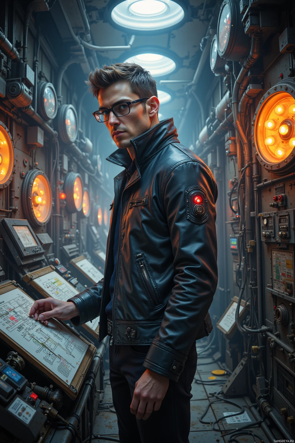 A man in a leather jacket stands in a dimly lit, industrial setting with control panels and illuminated lights.