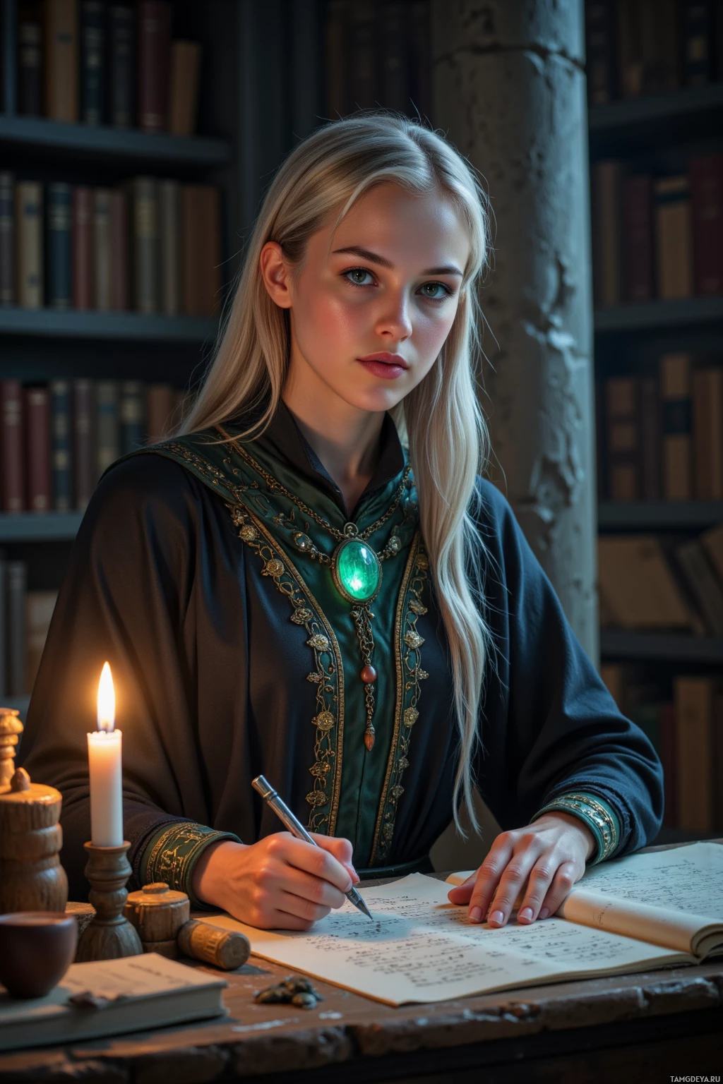 A woman in a medieval-style outfit is writing at a desk with a lit candle.