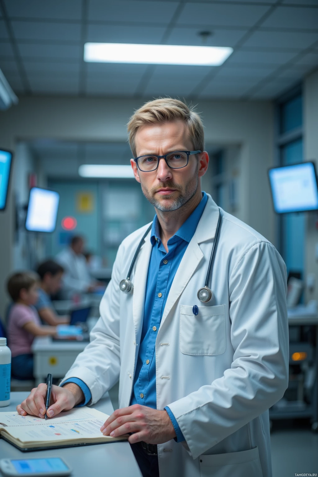 A doctor in a white coat and blue shirt stands in a medical office, holding a pen and notebook.