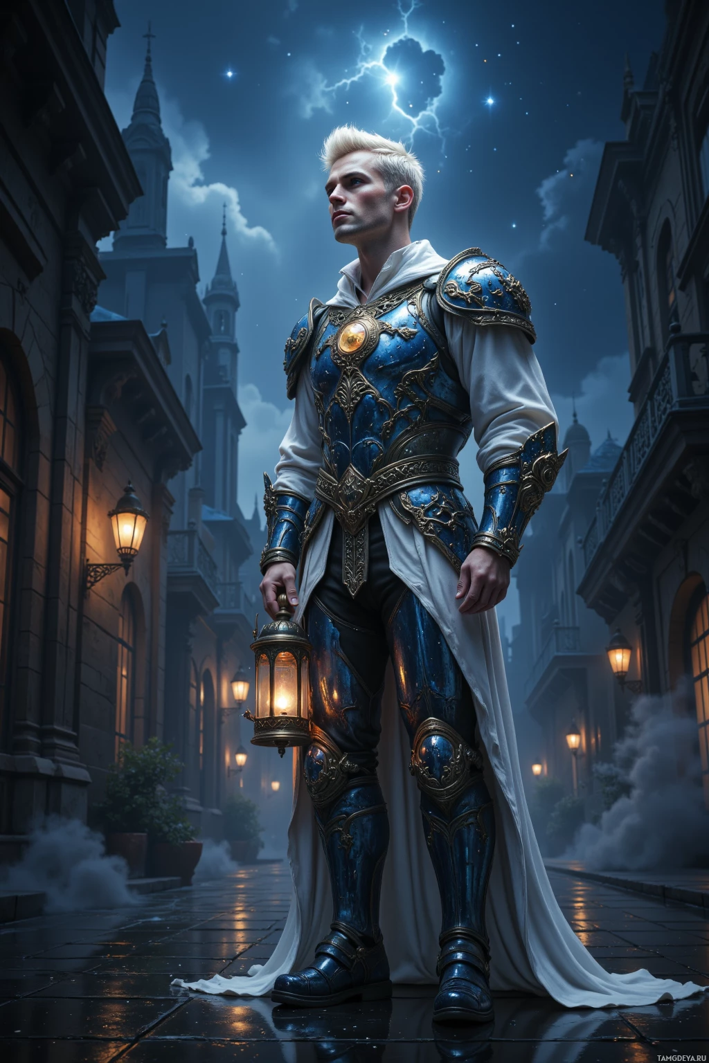 A knight in ornate blue armor stands in a dimly lit alleyway, holding a lantern.