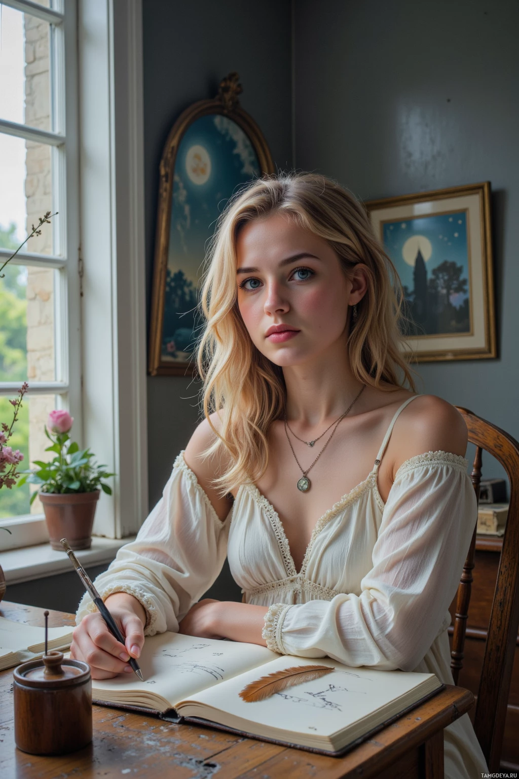 A woman in a white dress sits at a desk, writing in a notebook with a feather quill.
