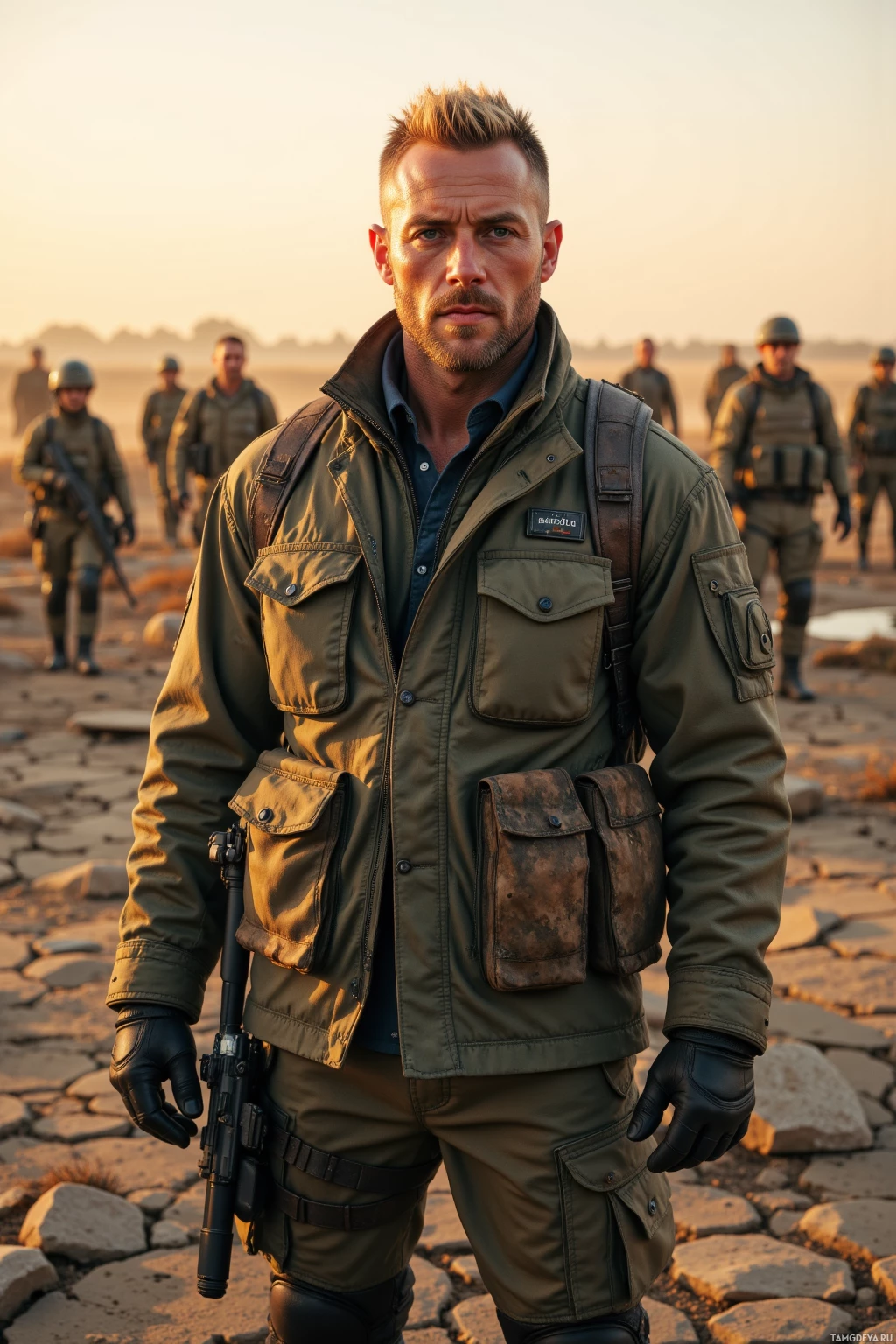 A soldier in a military uniform stands in a rugged, rocky landscape with other soldiers in the background.
