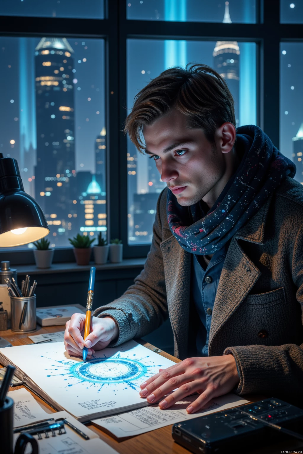 A man is drawing a detailed circular design on paper in a dimly lit room with a cityscape view.