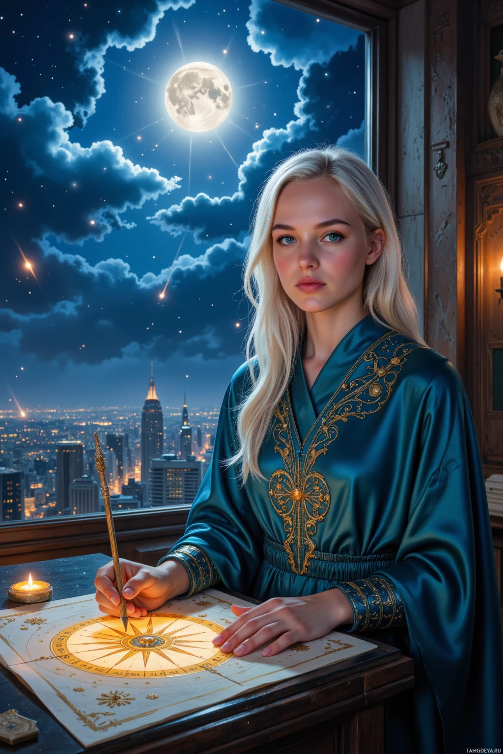 A woman in a teal robe sits at a desk with a compass, gazing out at a night sky with a full moon and city lights.