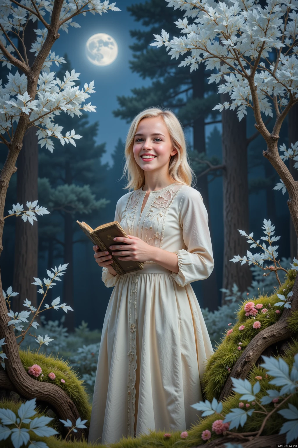 A woman in a white dress stands in a forest at night, holding an open book.