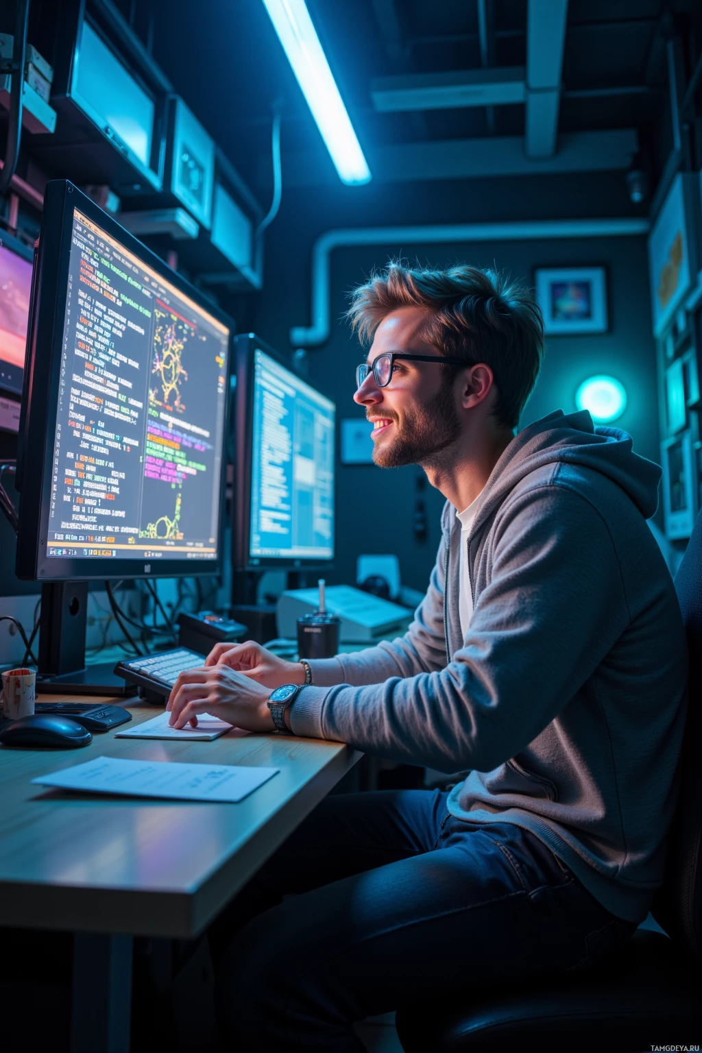 A person is sitting at a desk in a dimly lit room, working on a computer with multiple monitors displaying code.