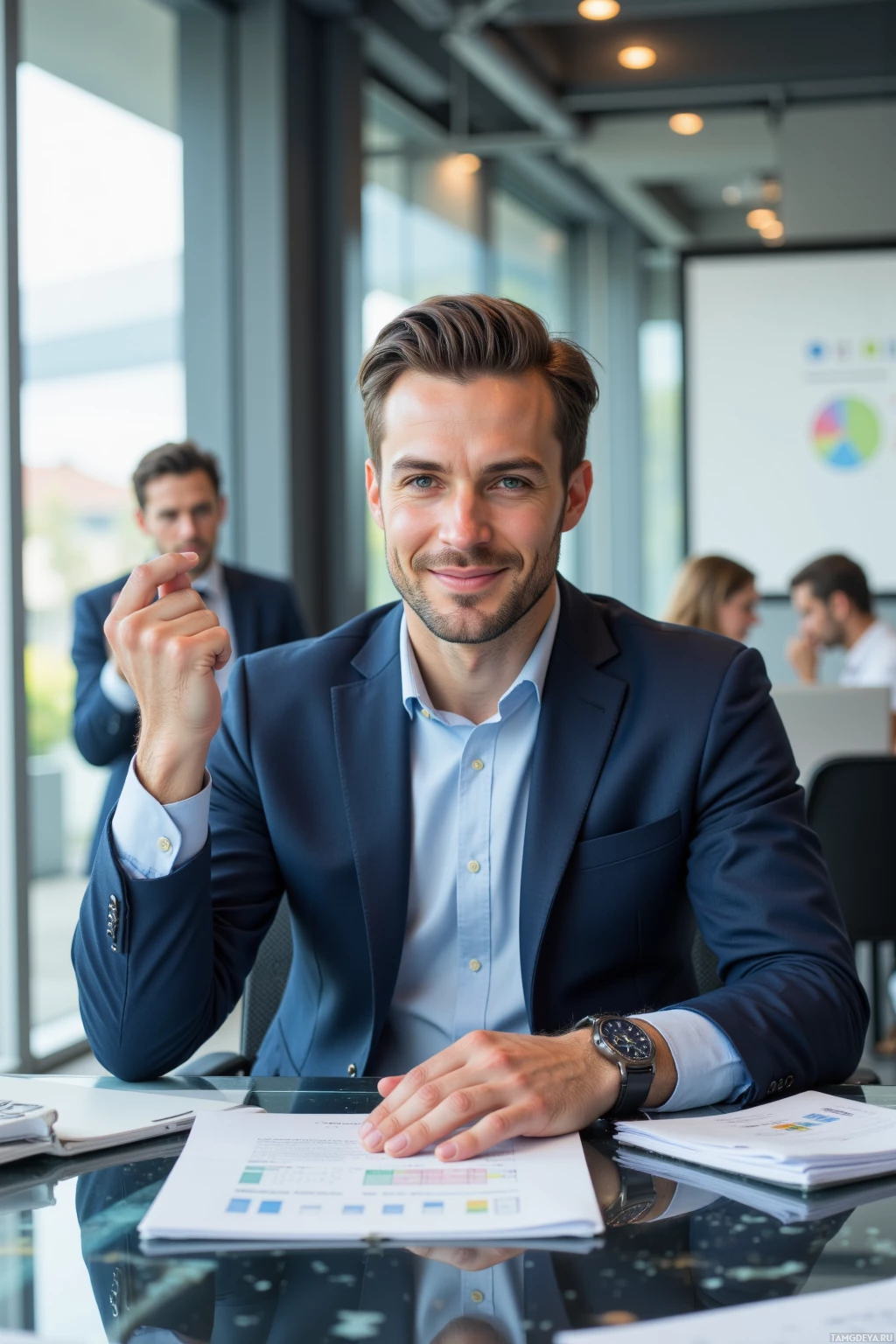 A professional man in a suit sits at a desk in a modern office, smiling.