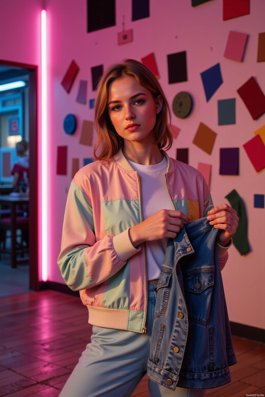 A person wearing a colorful bomber jacket and jeans stands in a room with a pink neon light and a wall of colorful squares.