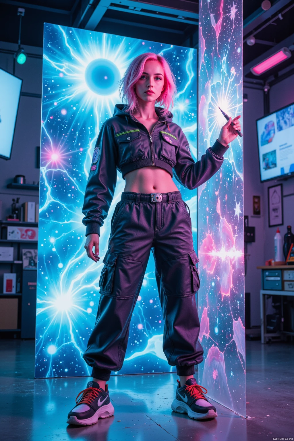A person stands in a futuristic setting with vibrant, electric-themed lighting and a modern, tech-inspired outfit.