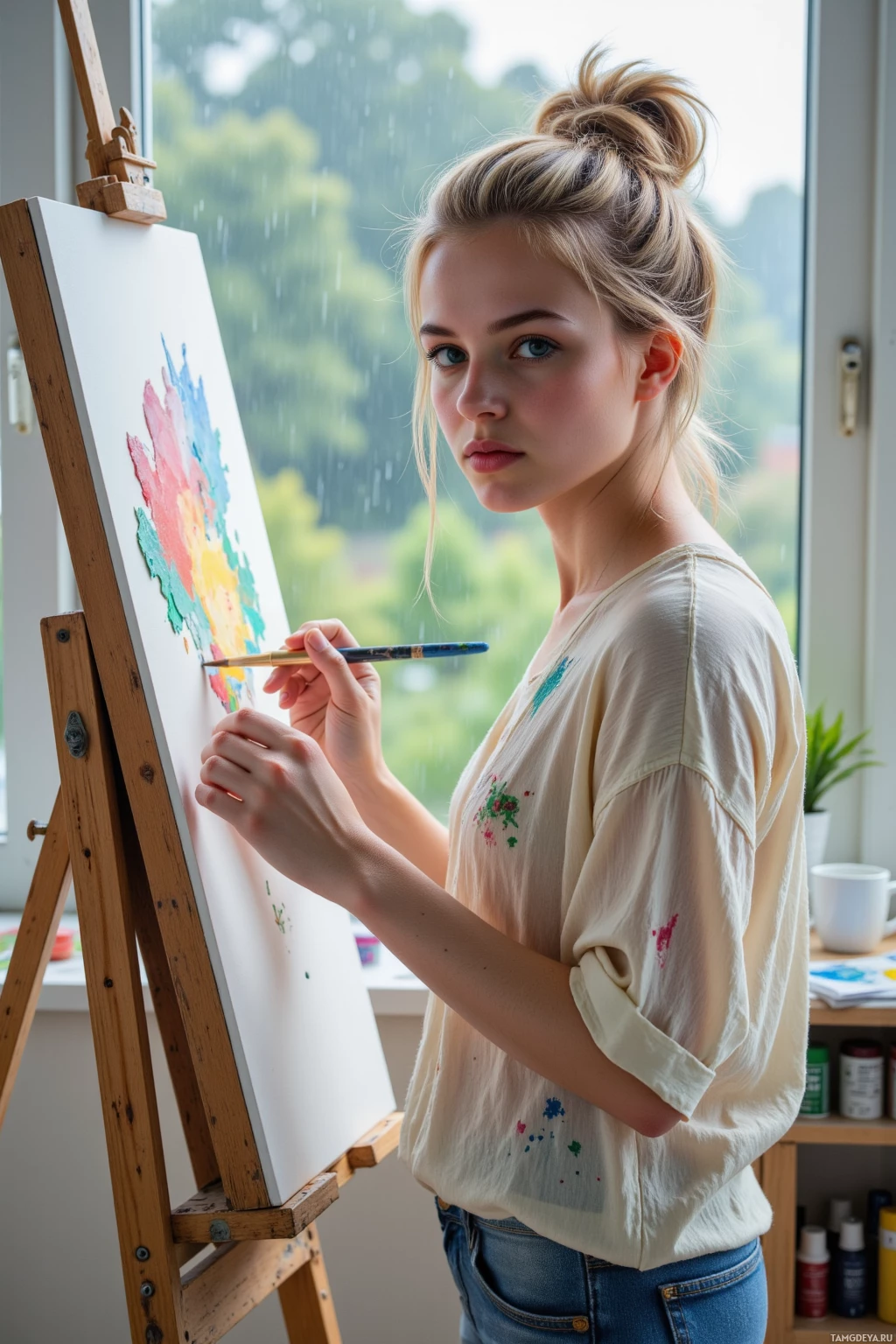 A person is painting on an easel in a room with a window.