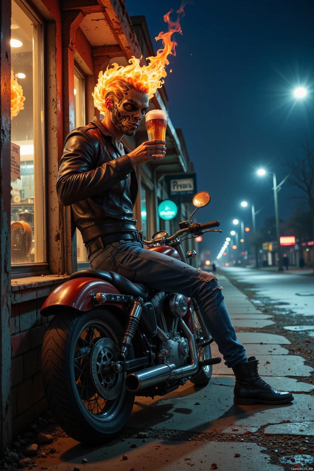 A man with flaming hair sits on a motorcycle at night, holding a beer.