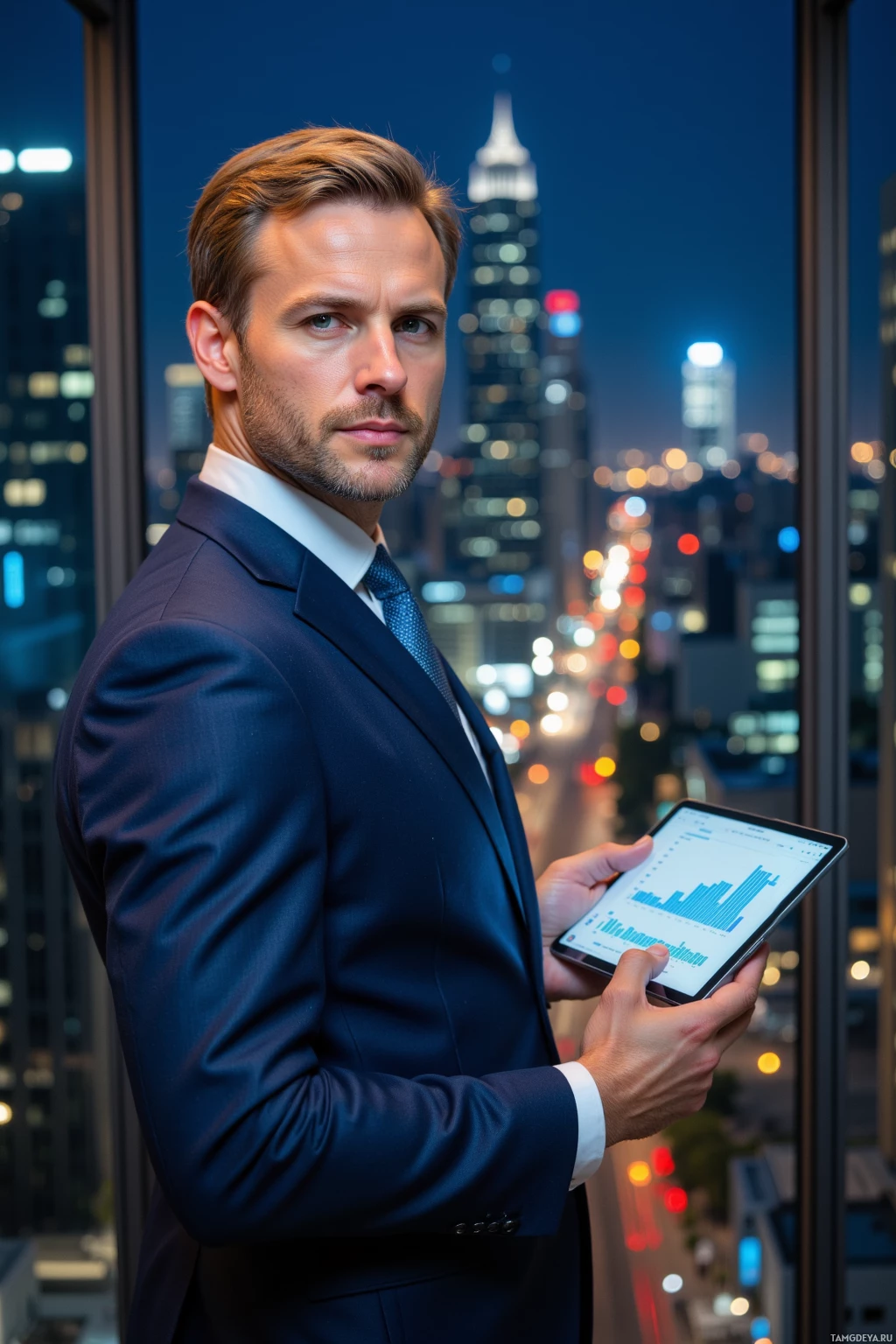 A man in a suit holds a tablet in front of a cityscape at night.