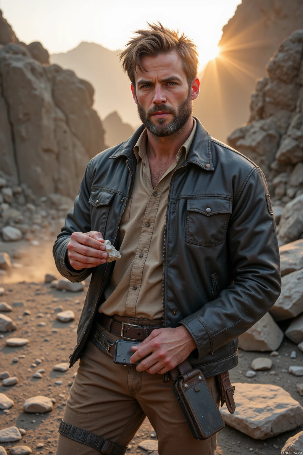 A man in a rugged outfit stands in a rocky landscape, holding a rock.