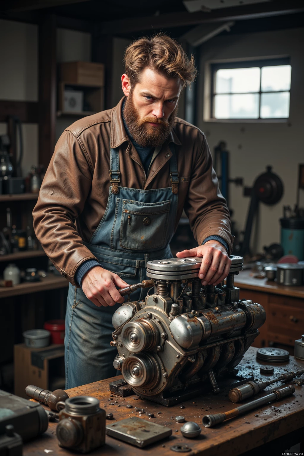 A man in a workshop wearing a leather jacket and overalls works on a mechanical engine.