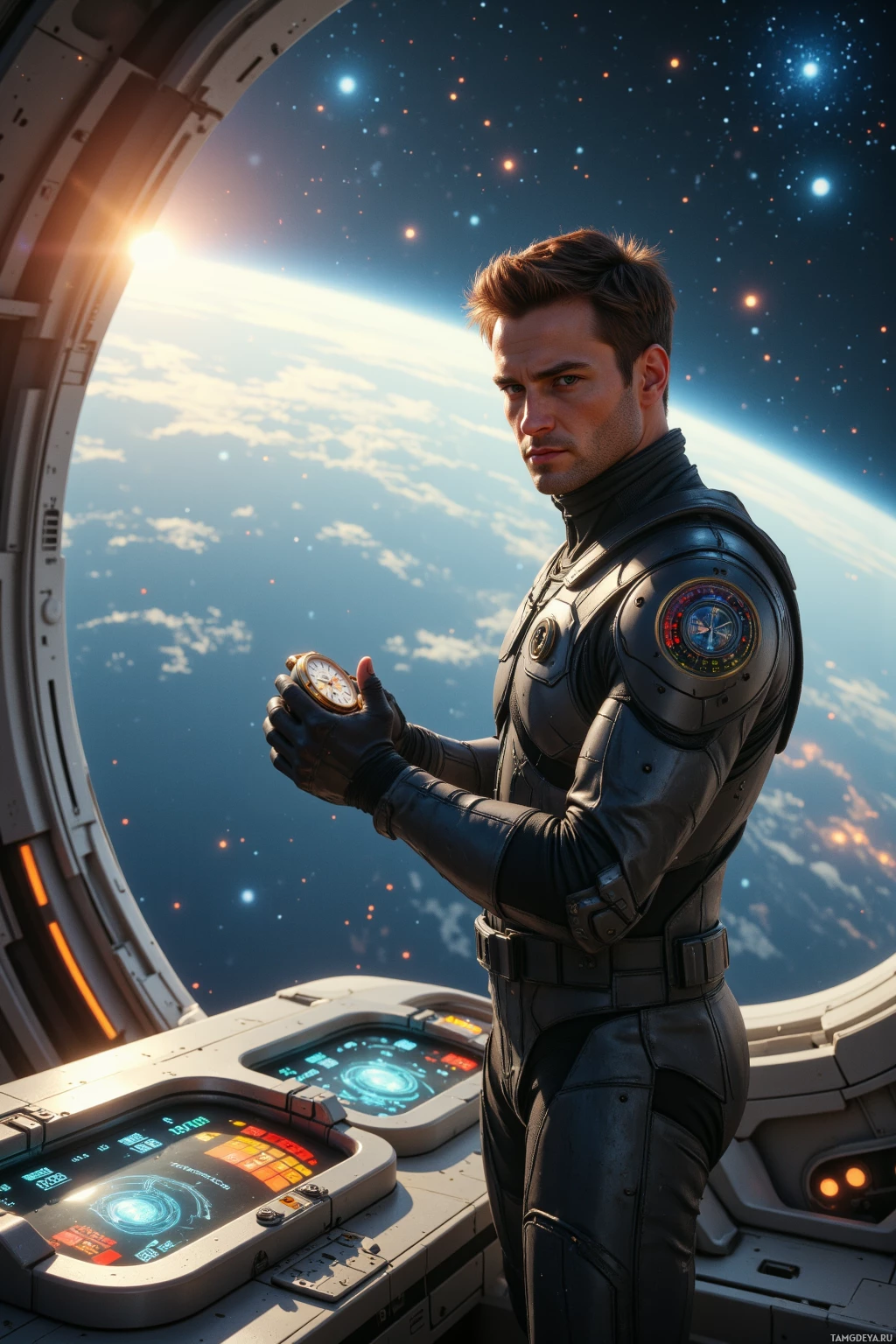 A person in a futuristic space suit stands inside a spacecraft, gazing out at the Earth and stars.