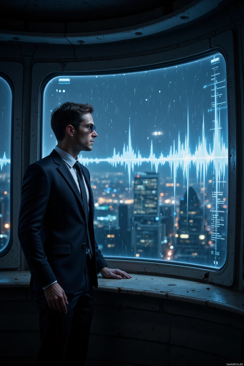 A man in a suit stands by a window overlooking a futuristic cityscape with glowing lines and data.