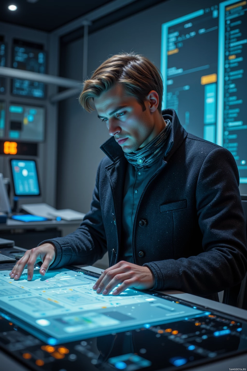 A man in a dark jacket is working at a futuristic control panel with glowing blue screens.
