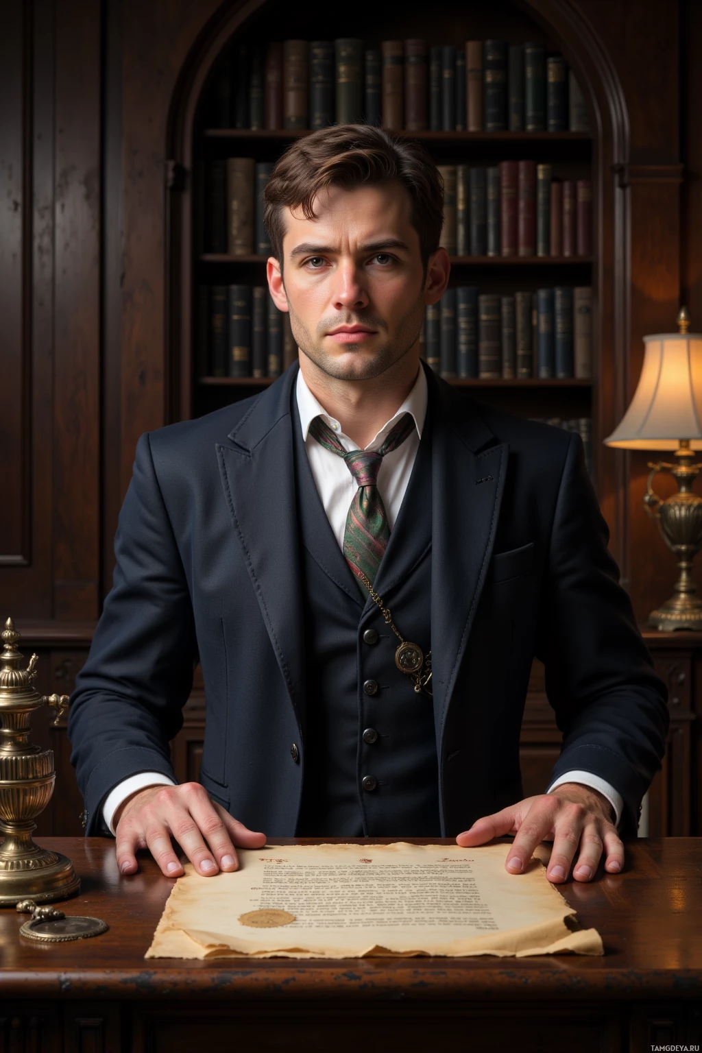 A formally dressed man stands behind a desk with a document in front of him, in a library setting.