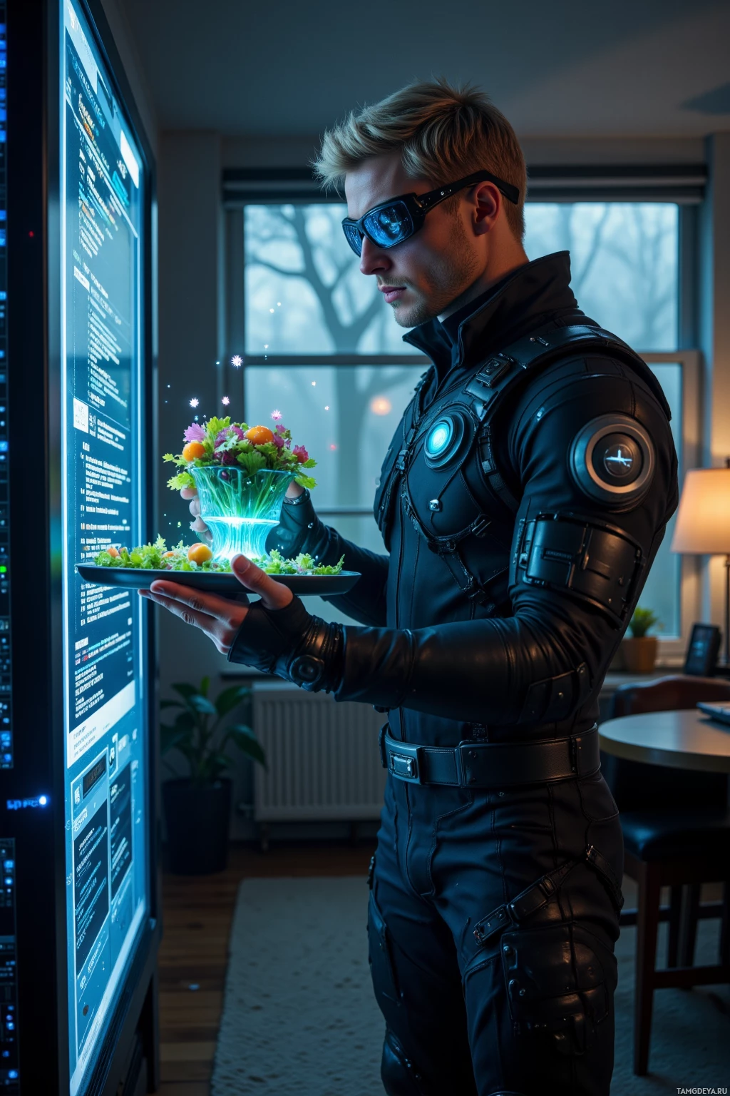 A person in a futuristic suit holds a glowing plate with a bouquet of flowers.