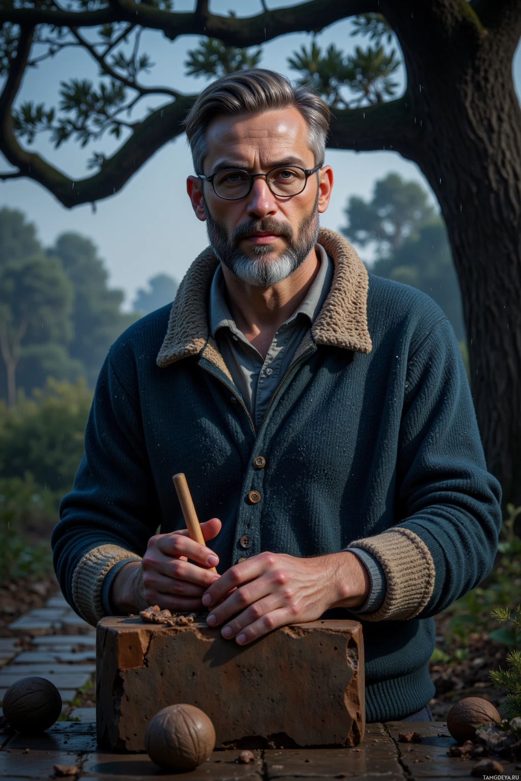 A man with a beard and glasses stands outdoors, holding a tool, with a tree and scattered nuts in the background.