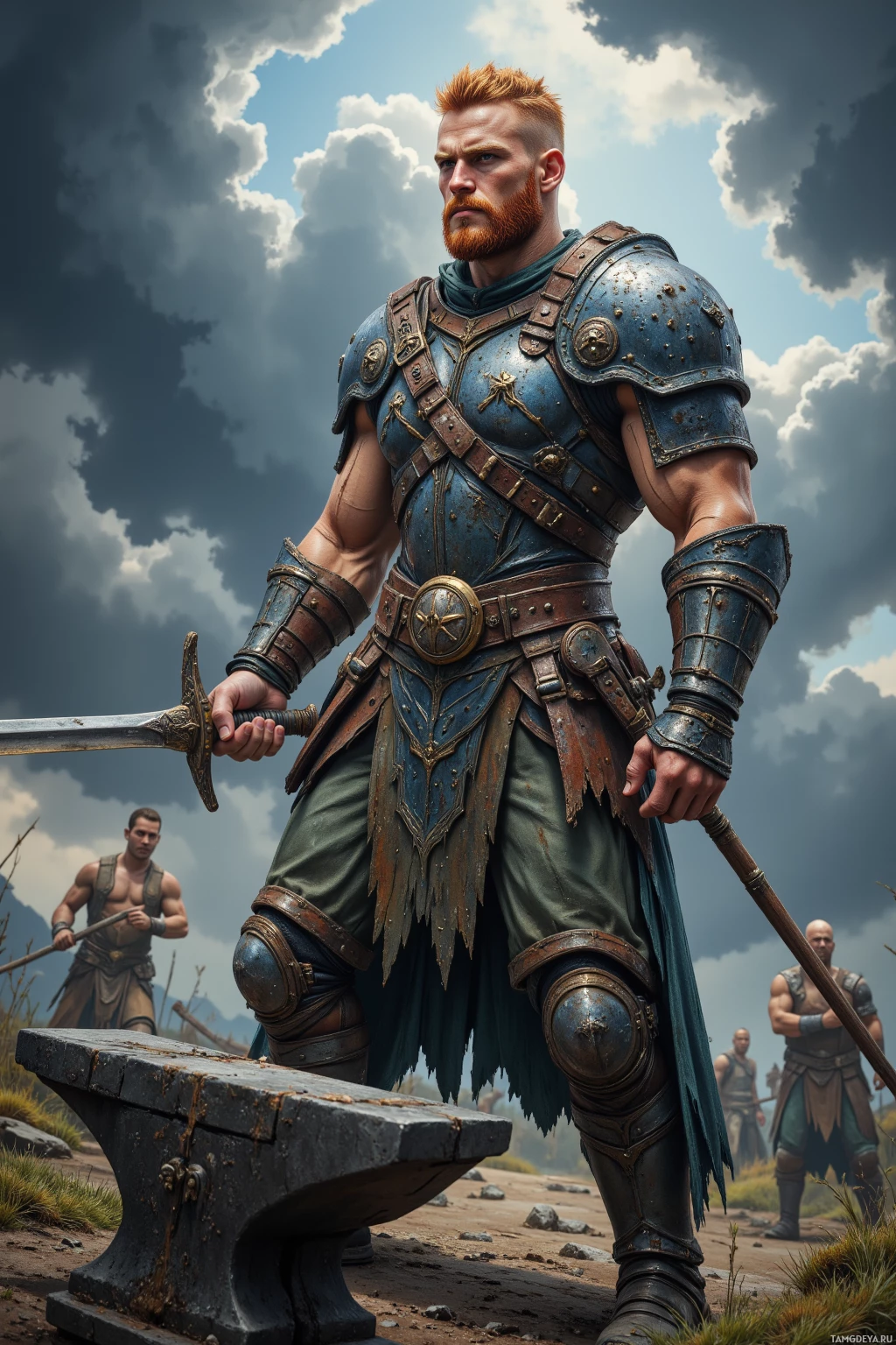 A warrior in blue armor stands on a rocky path, holding a sword, with two other figures in the background.