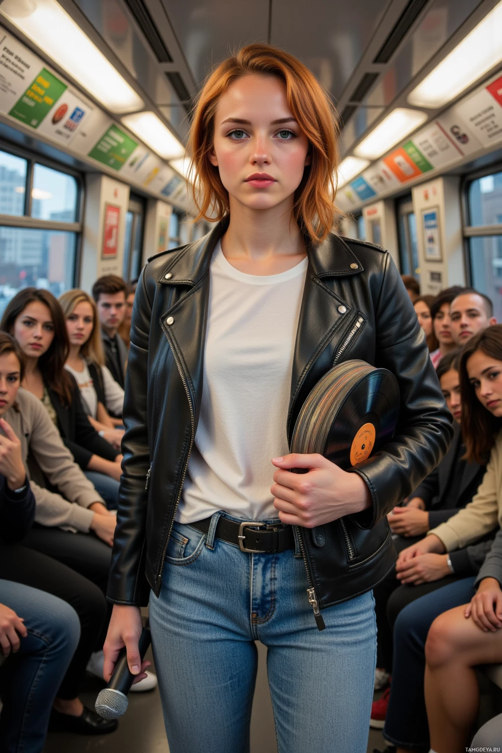 A person in a subway car holding a microphone and vinyl record.