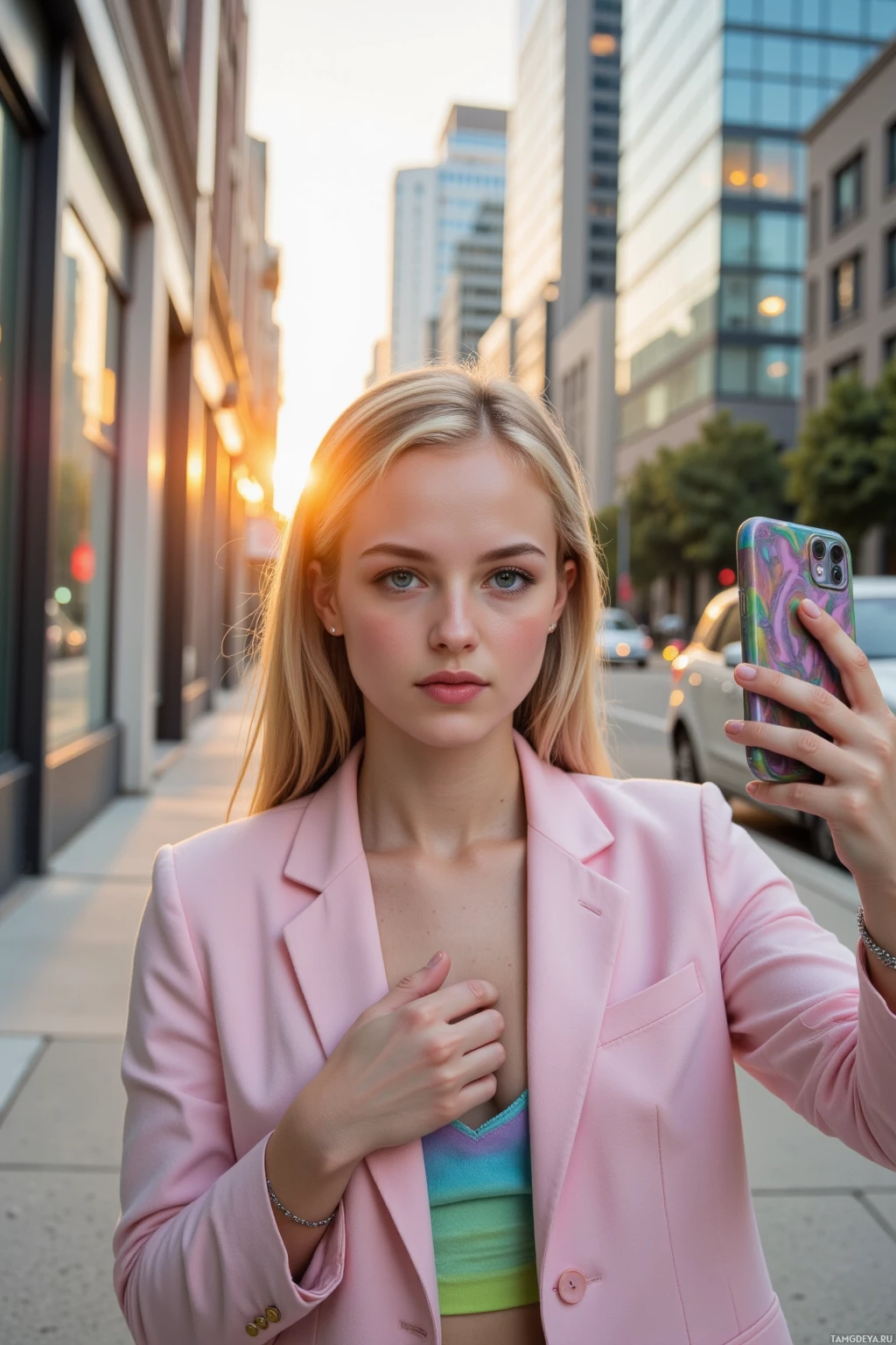 A woman in a pink blazer takes a selfie on a city street at sunset.