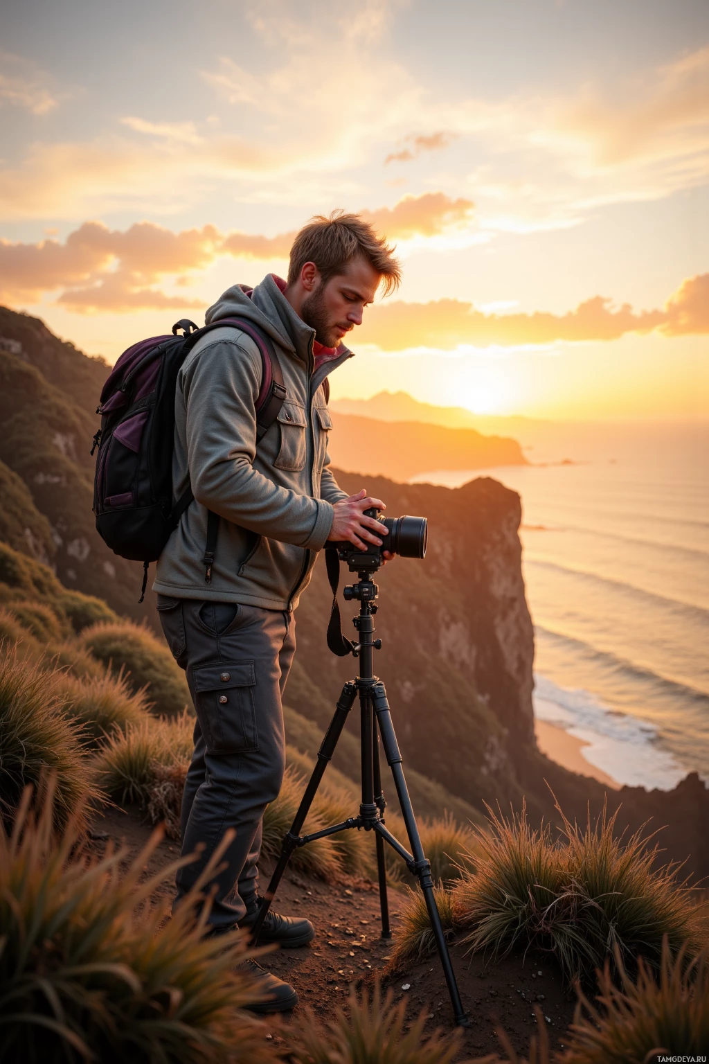 A person stands on a cliff overlooking the ocean at sunset, adjusting a camera on a tripod.