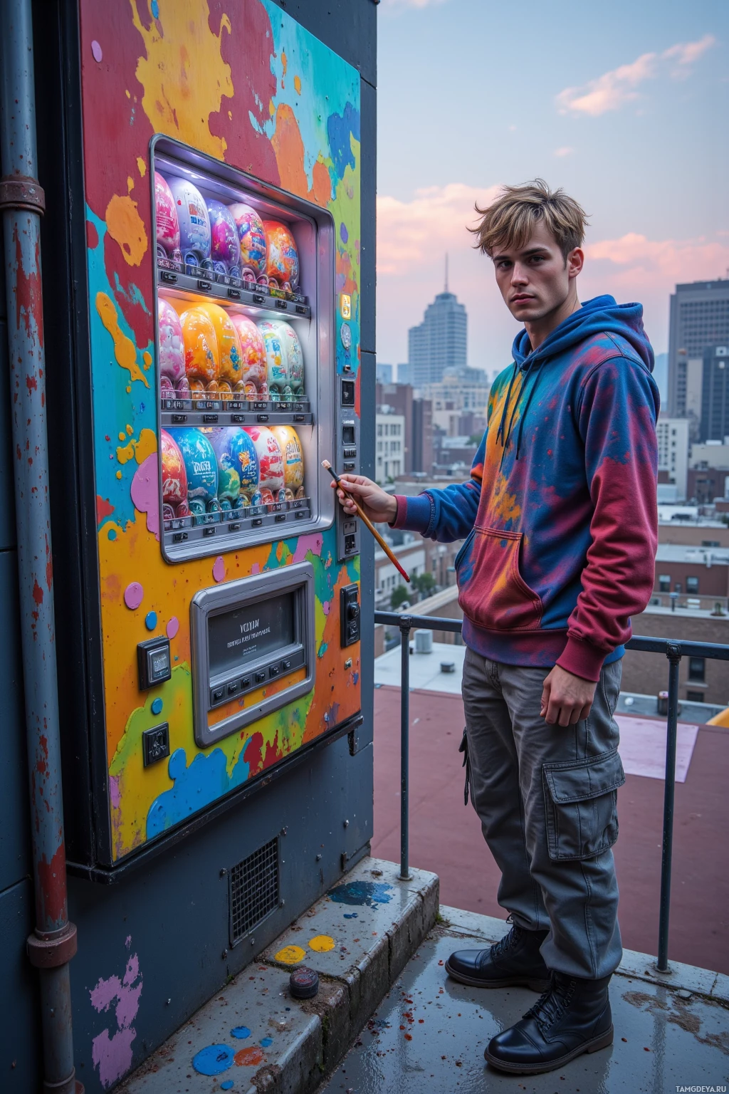 A person stands next to a colorful vending machine on a rooftop with a cityscape in the background.
