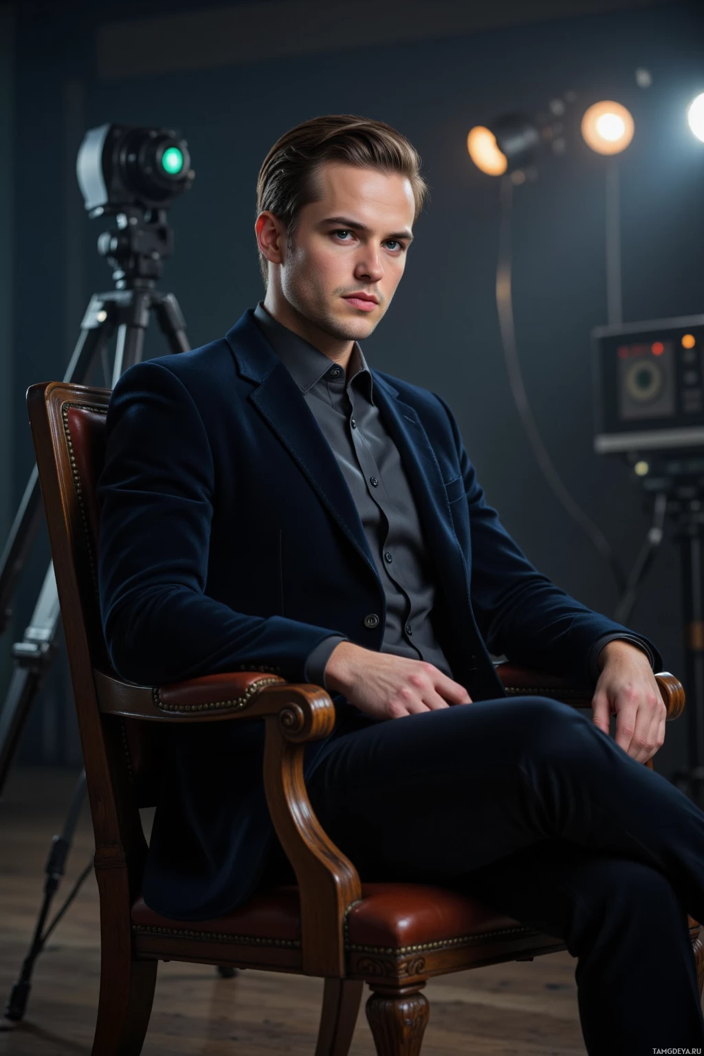 A man in a dark suit sits in a leather chair in a dimly lit studio.