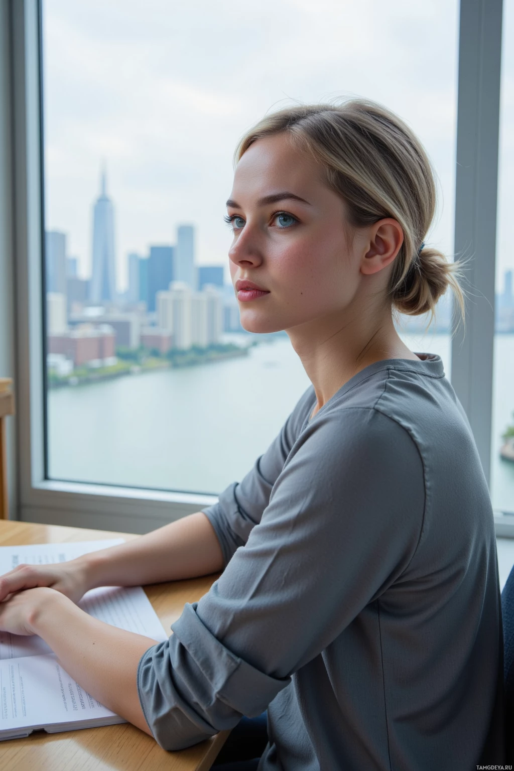 A woman sits at a desk with a cityscape view in the background.
