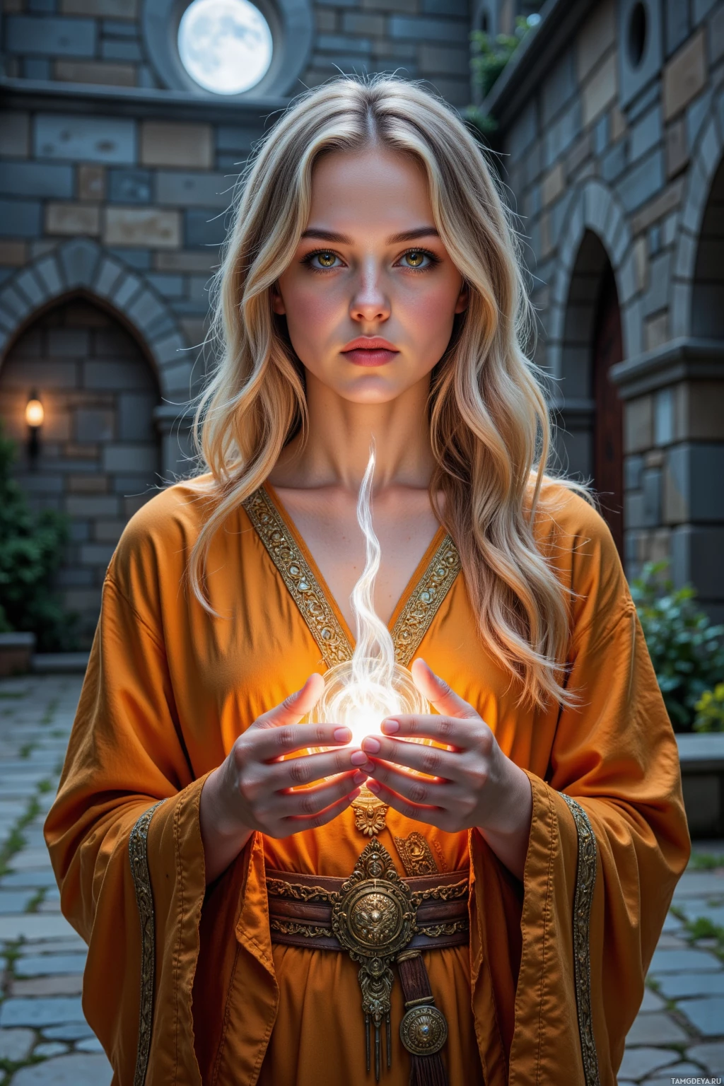 A woman in an orange robe holds a glowing orb in front of a stone building.
