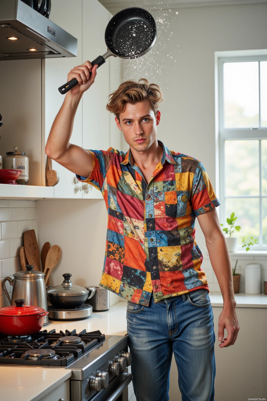 A man in a colorful patchwork shirt stands in a kitchen holding a frying pan above his head.