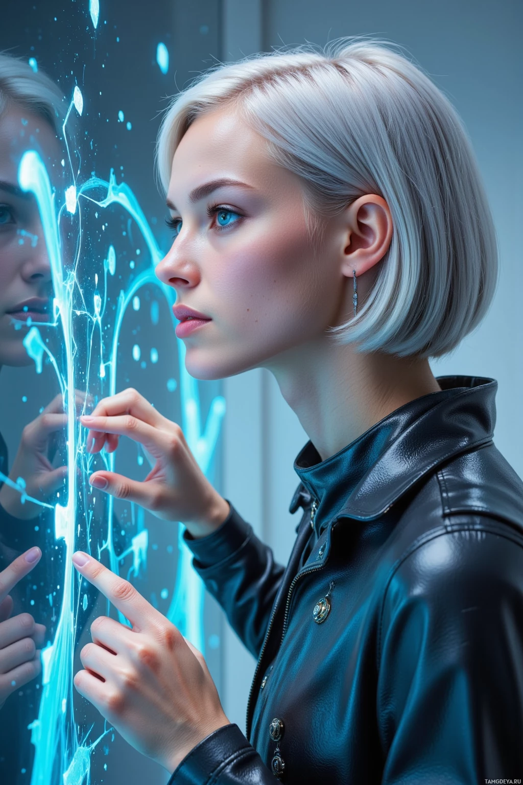 A person in a leather jacket interacts with a glowing, futuristic interface.