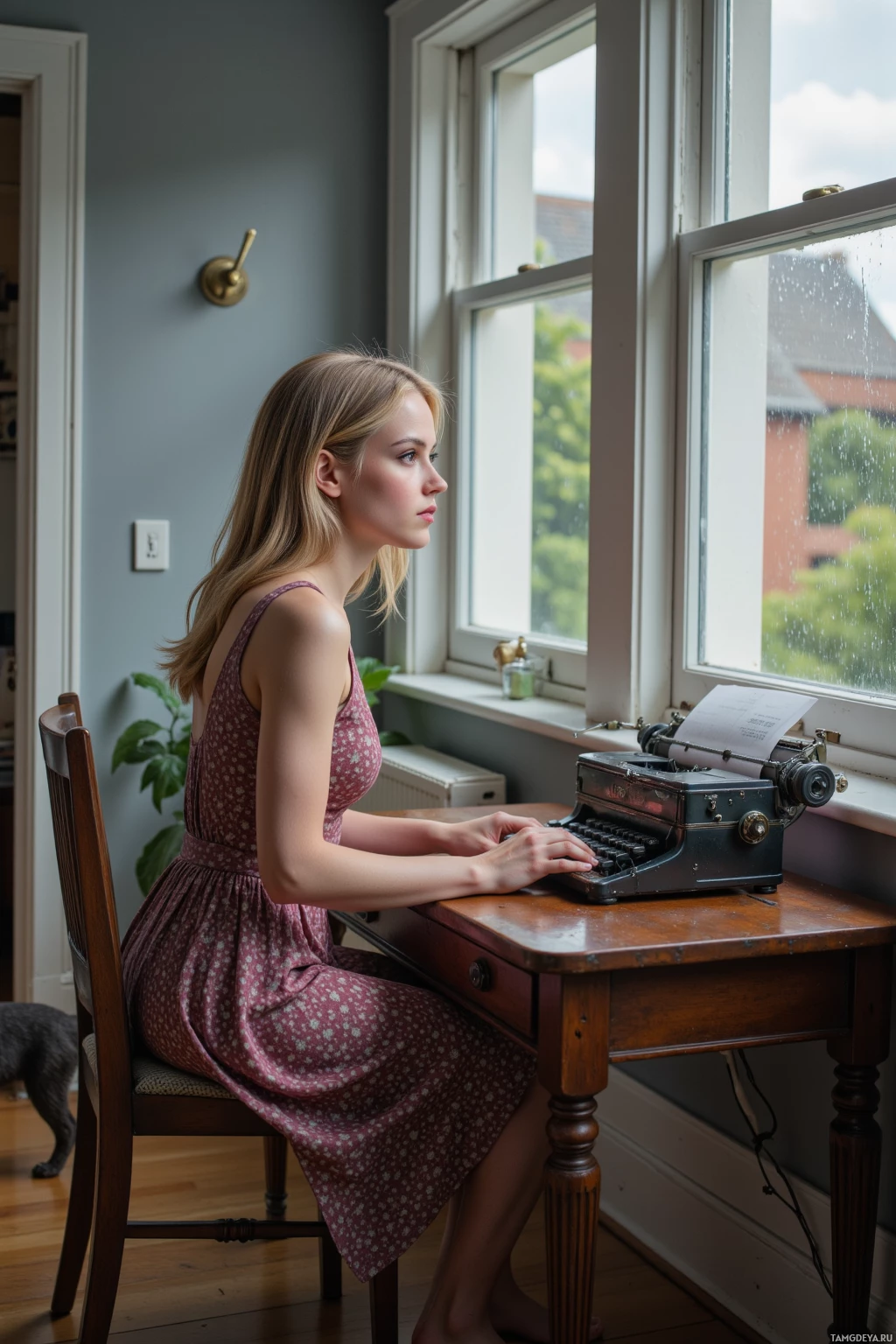 A woman in a floral dress sits at a wooden desk, typing on a vintage typewriter by a window.