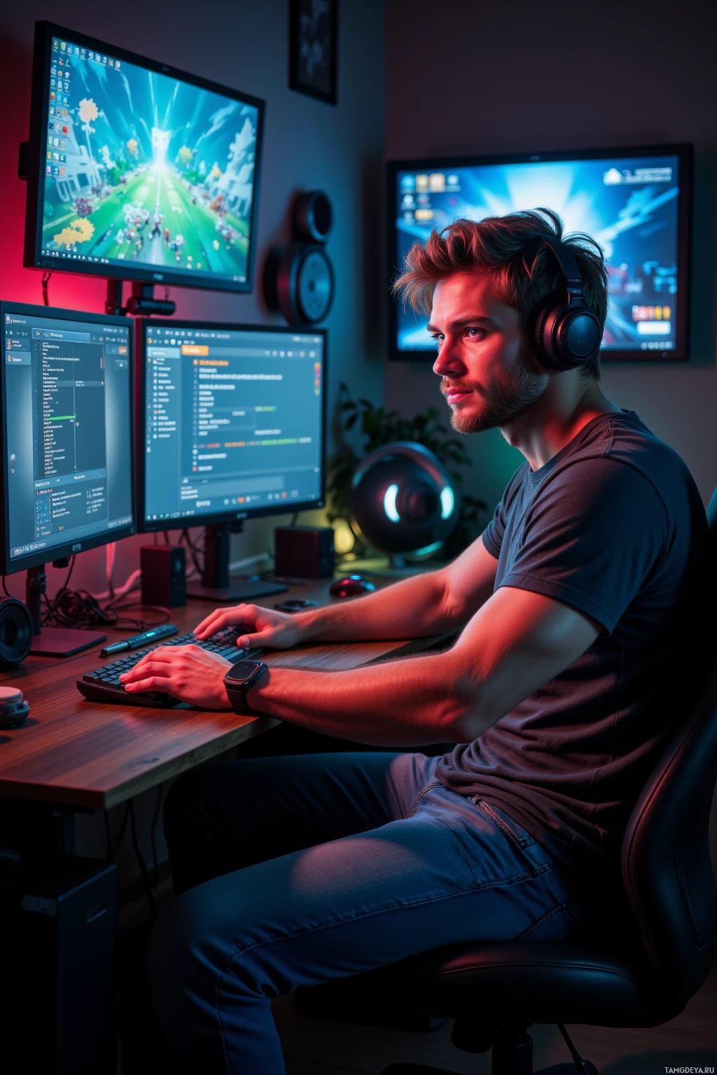 A person is sitting at a desk with dual monitors, wearing headphones and working on a computer.