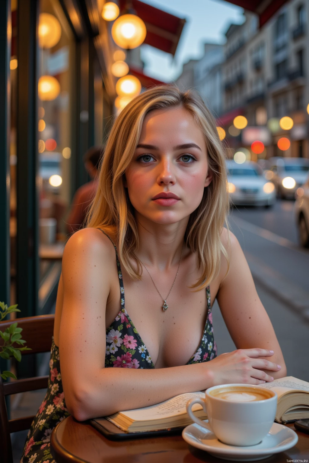 A woman sits at a café table with a cup of coffee and an open book, surrounded by a city street scene.