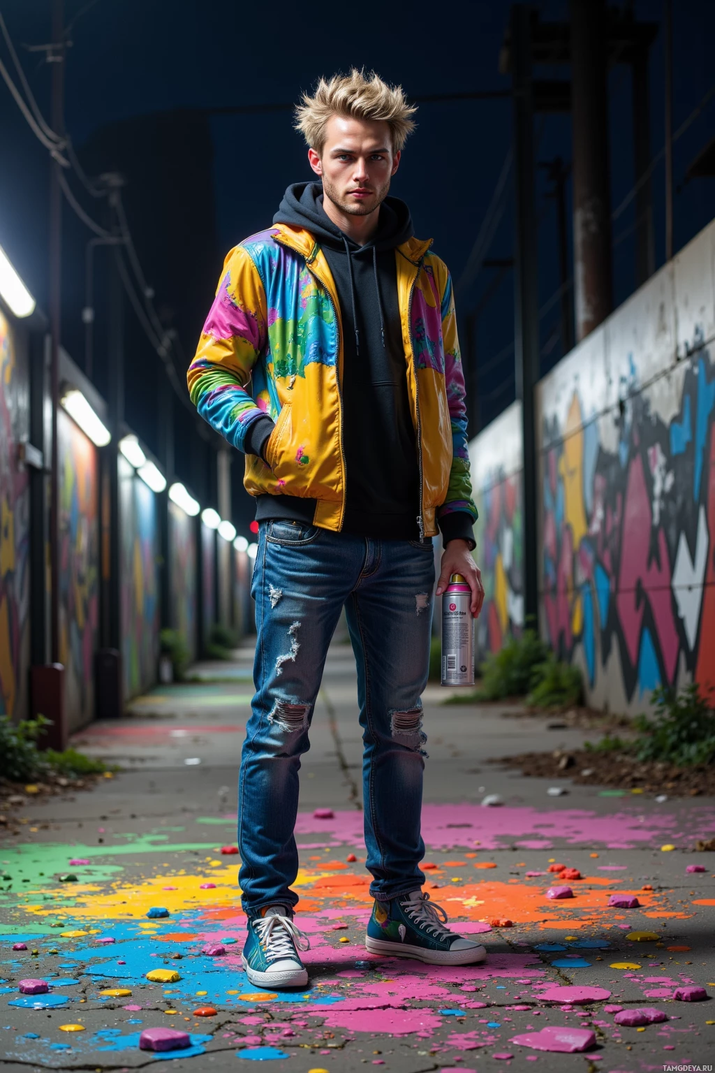 A person stands in an alleyway at night, wearing a colorful jacket and jeans, holding a spray can.