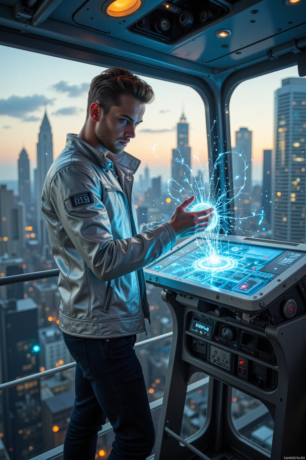 A man stands in a futuristic cockpit, interacting with a glowing, high-tech interface.