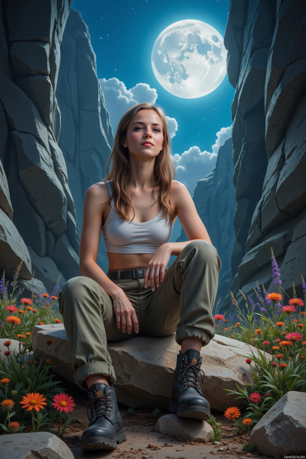 A woman sits on a rock amidst flowers and towering cliffs under a bright moonlit sky.
