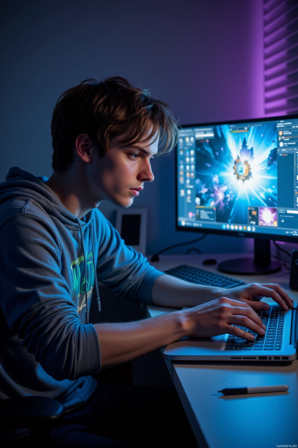 A person is sitting at a desk, working on a laptop with a colorful screen in the background.