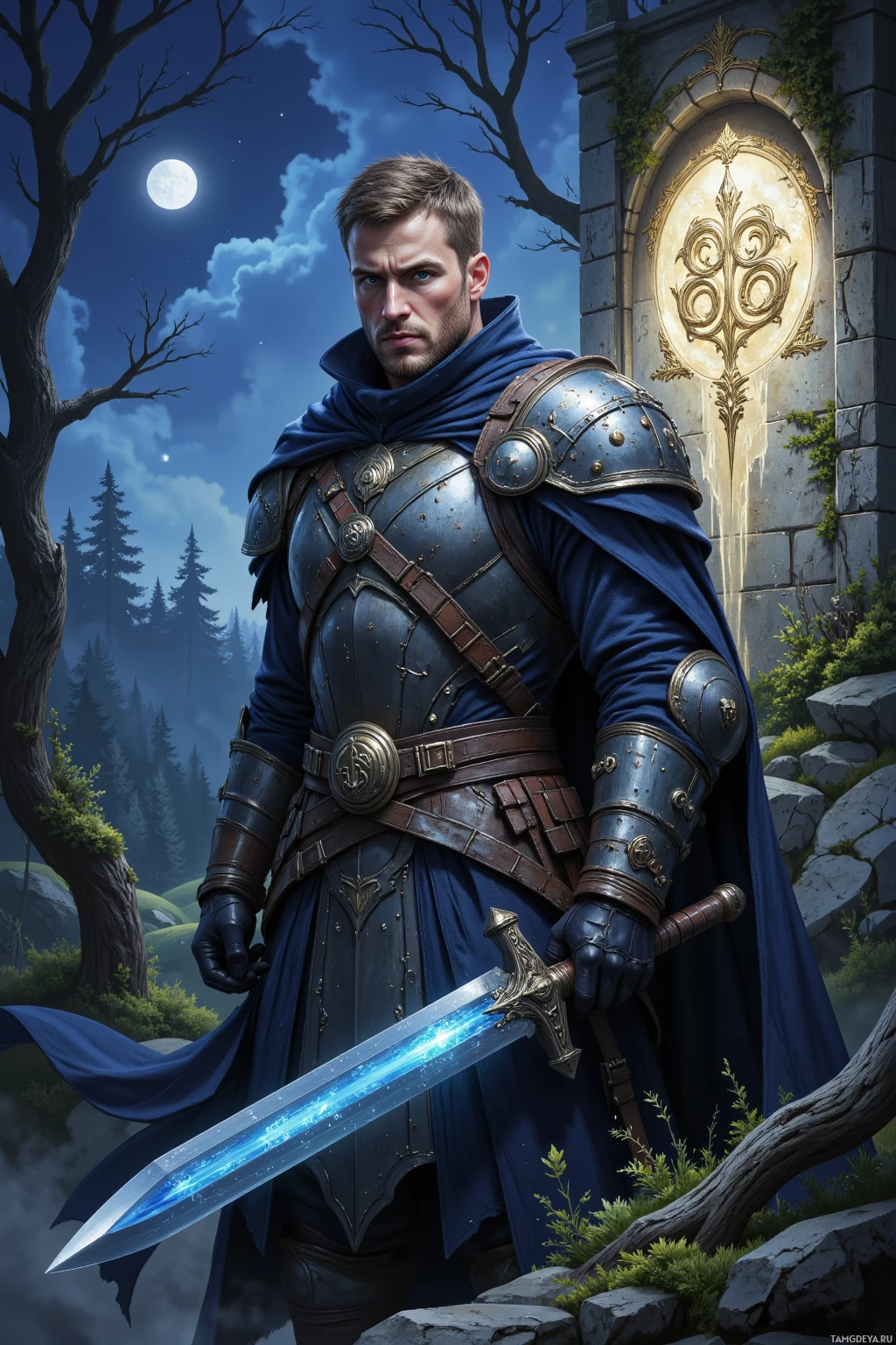 A knight in blue armor stands beside a glowing sword, set against a night sky with a full moon and forest backdrop.