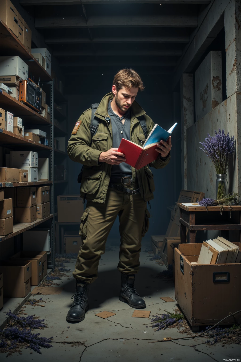 A man in a military-style outfit reads a book in a dimly lit, cluttered storage room.