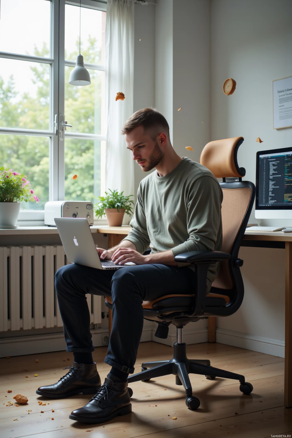 A man sits at a desk working on a laptop in a bright, tidy room with a window and plants.