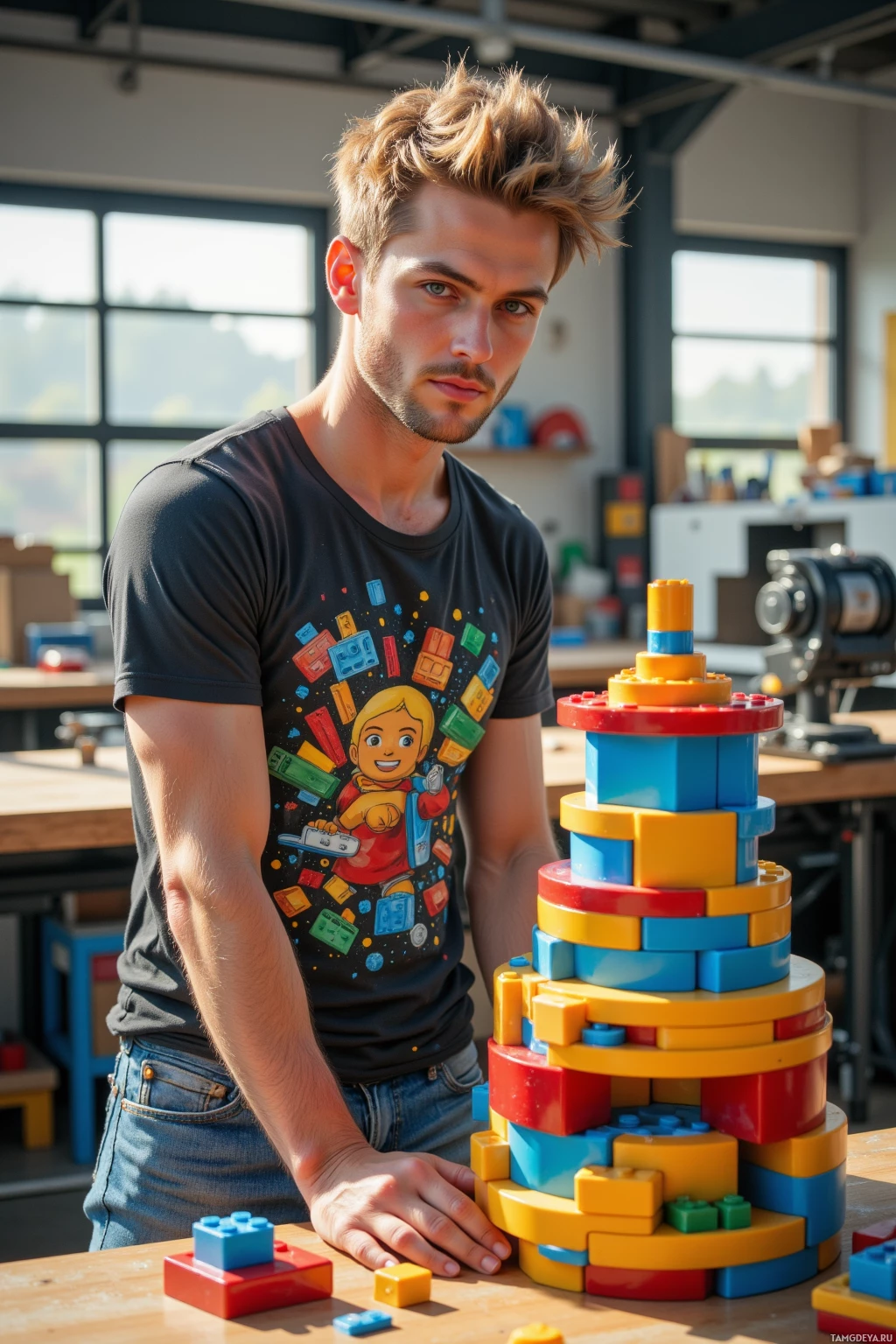 A person stands beside a colorful tower of building blocks in a well-lit room.