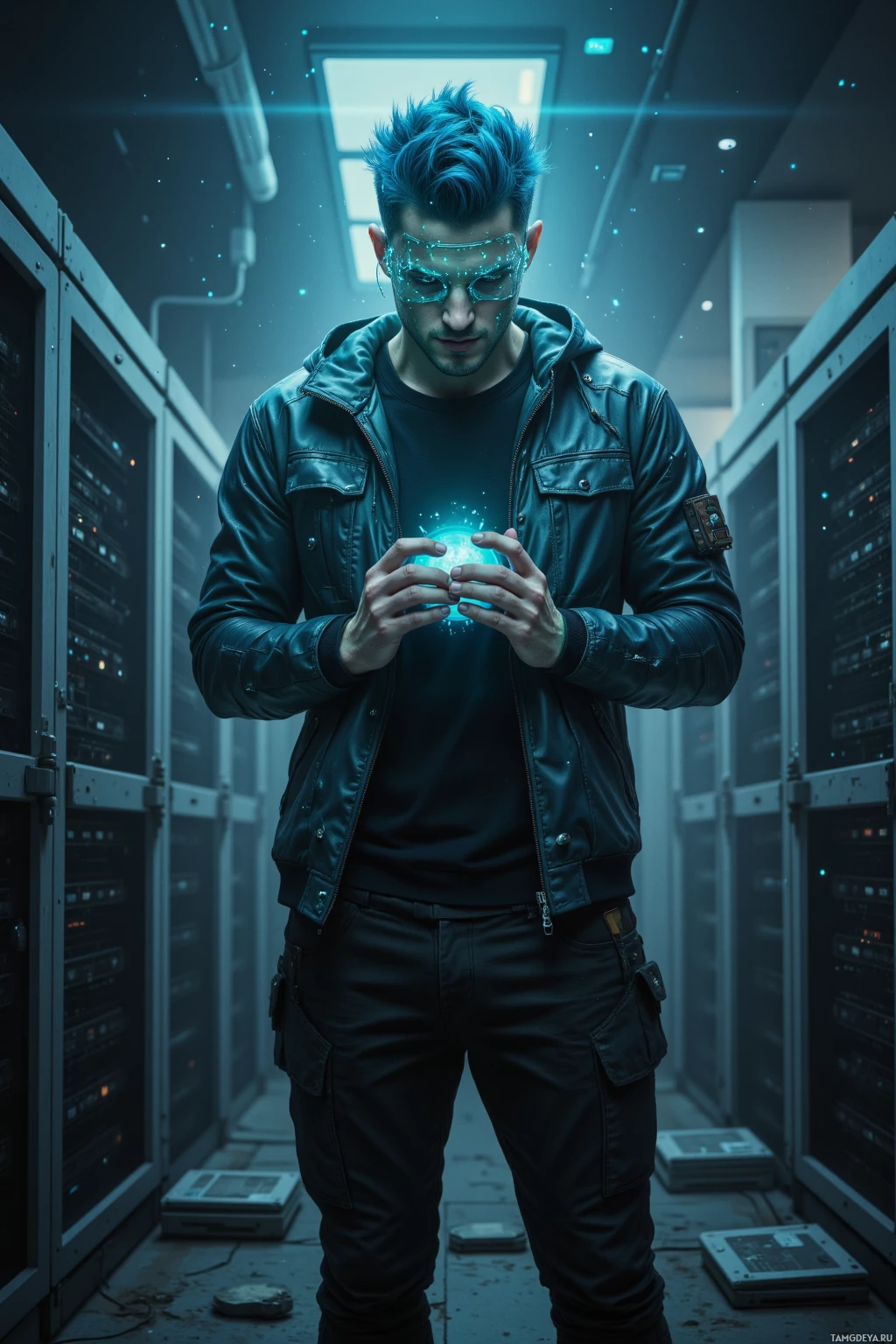 A person in a server room holds a glowing orb.